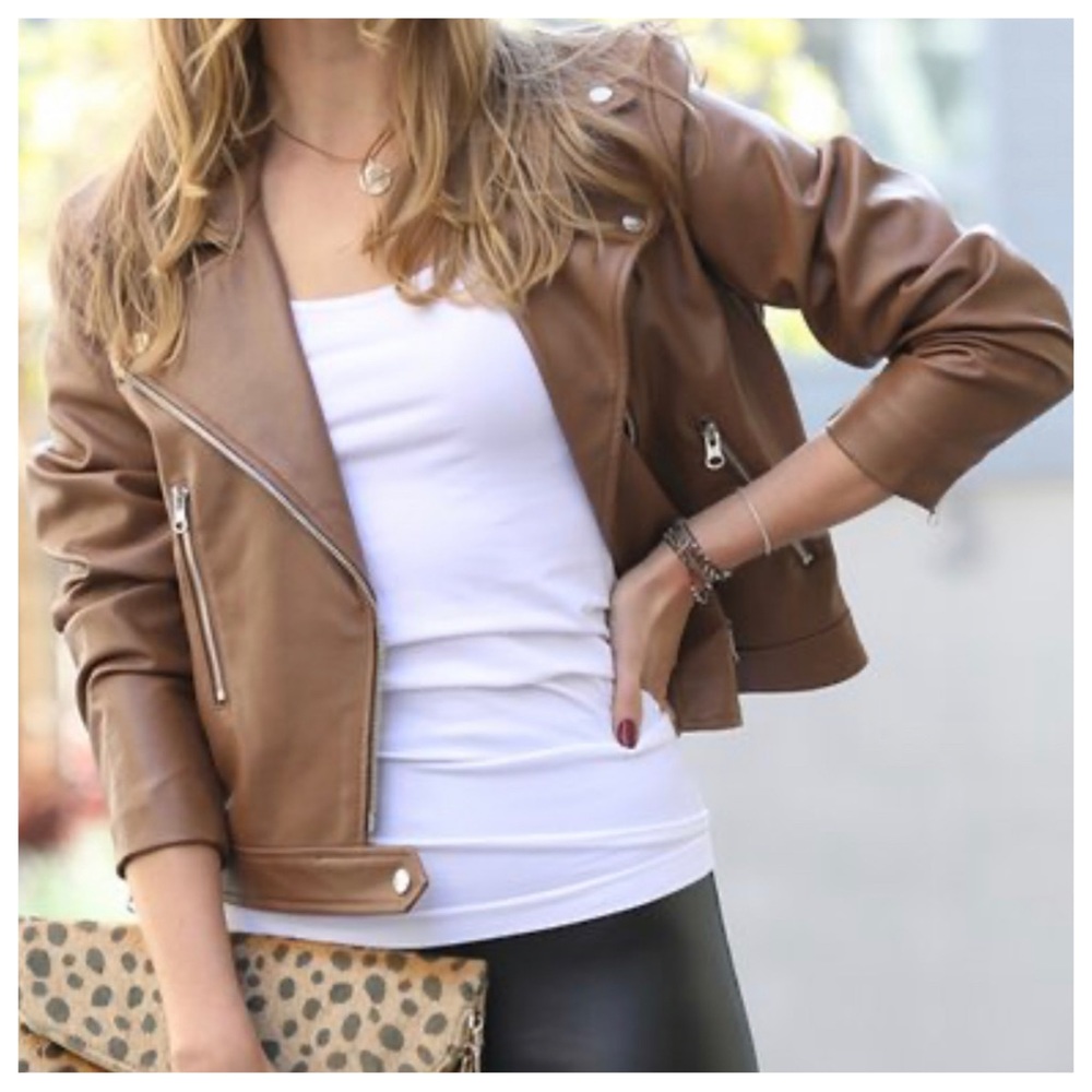 23 Fabulous Chic Vegan Leather Mocha Motto Zipper Biker Jacket